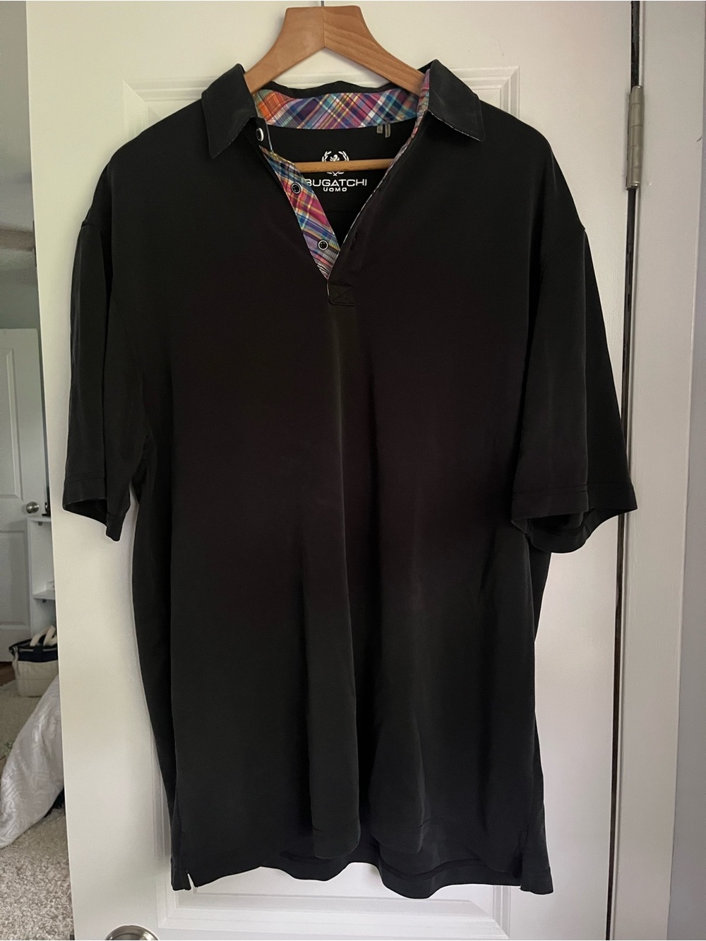 Bugatchi Black Short-Sleeve Polo with Plaid Trim